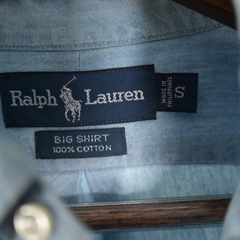 Vintage 90's Ralph Lauren Big Shirt Mens Small Blue Denim Long Sleeve Pony - Picture 2 of 7